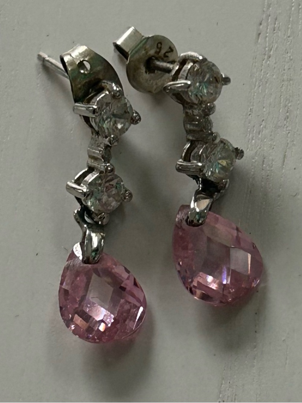 Silver Drop Earrings with Pink Teardrop Crystals